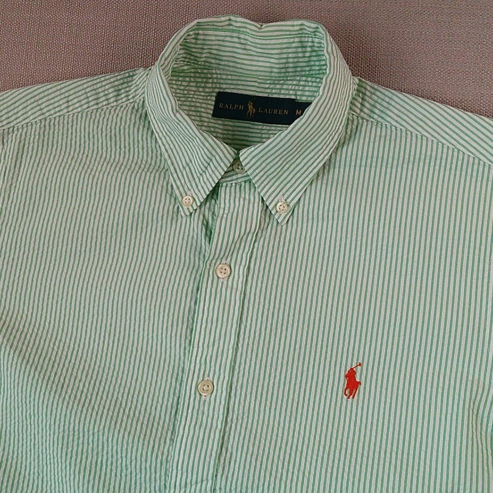 Ralph Lauren Button Down Shirt Mens M Green Seersucker Stripe Short Sleeve